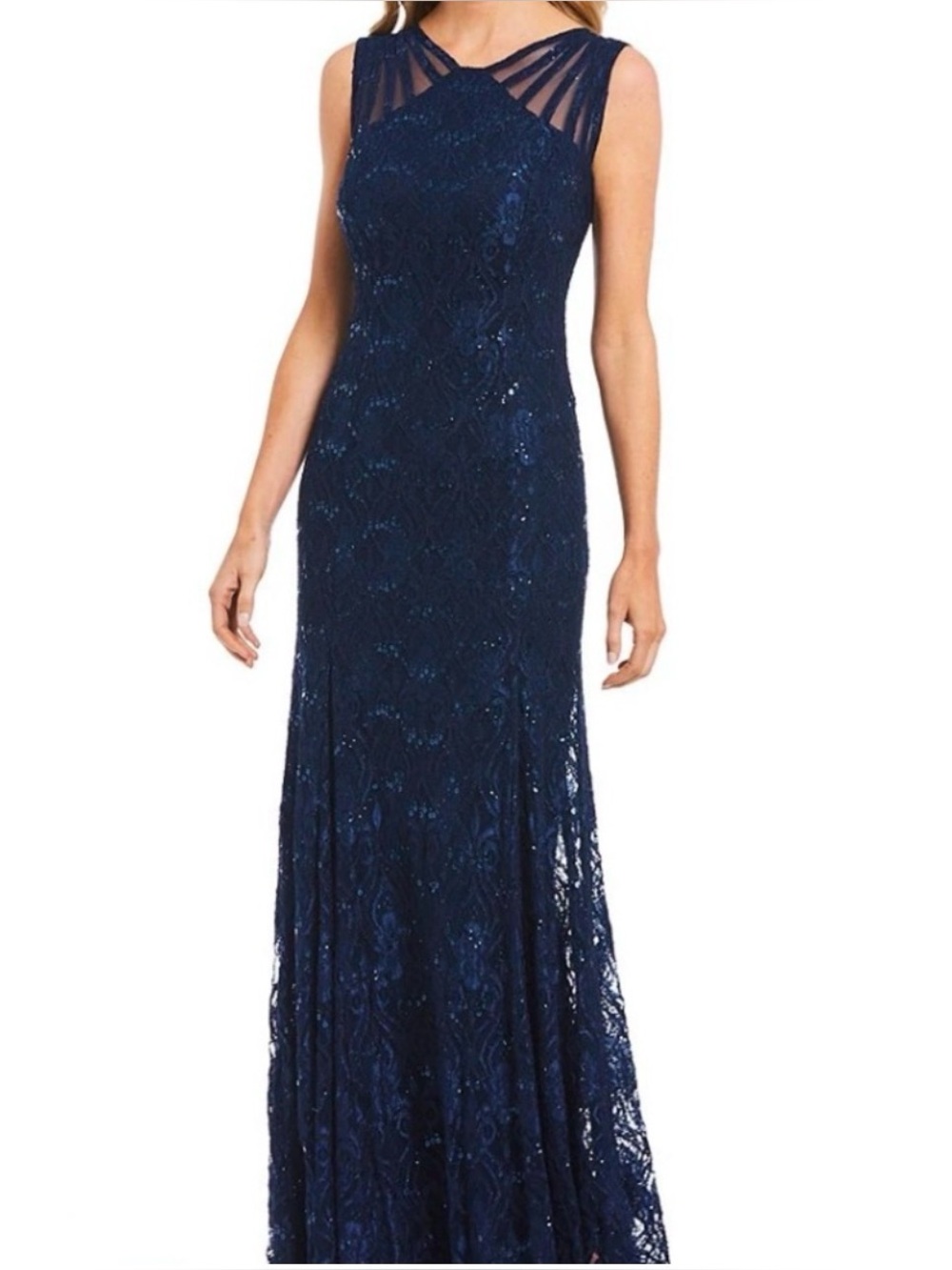 R & M Richards Navy Sequined Lace Maxi Gown